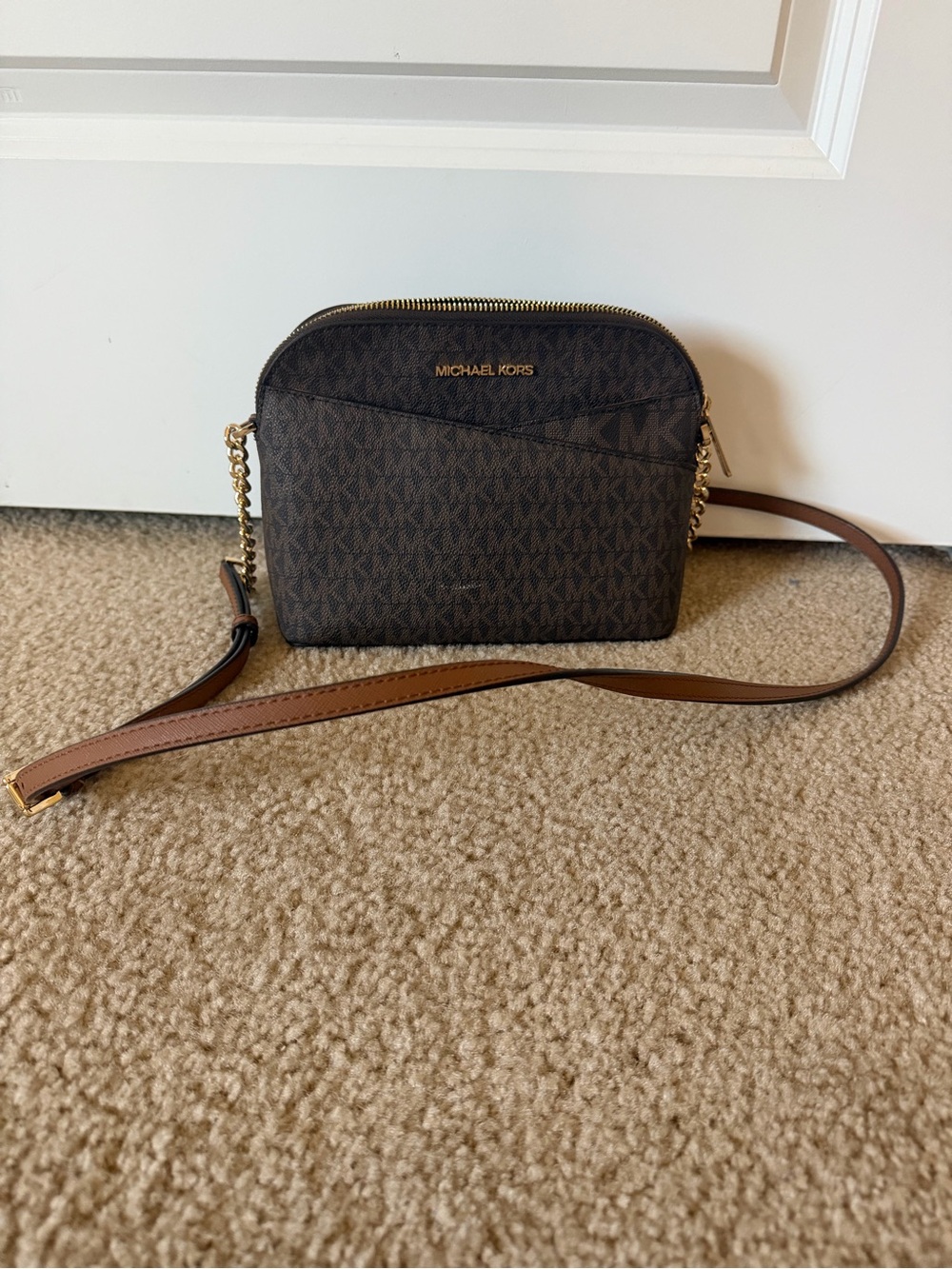 Michael Kors Dark Brown Monogram Crossbody with Gold Hardware